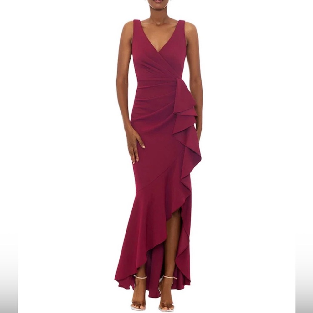 Betsy & Adam V-Neck Cascade Ruffle High-Low Gown Bordeaux Formal Dress